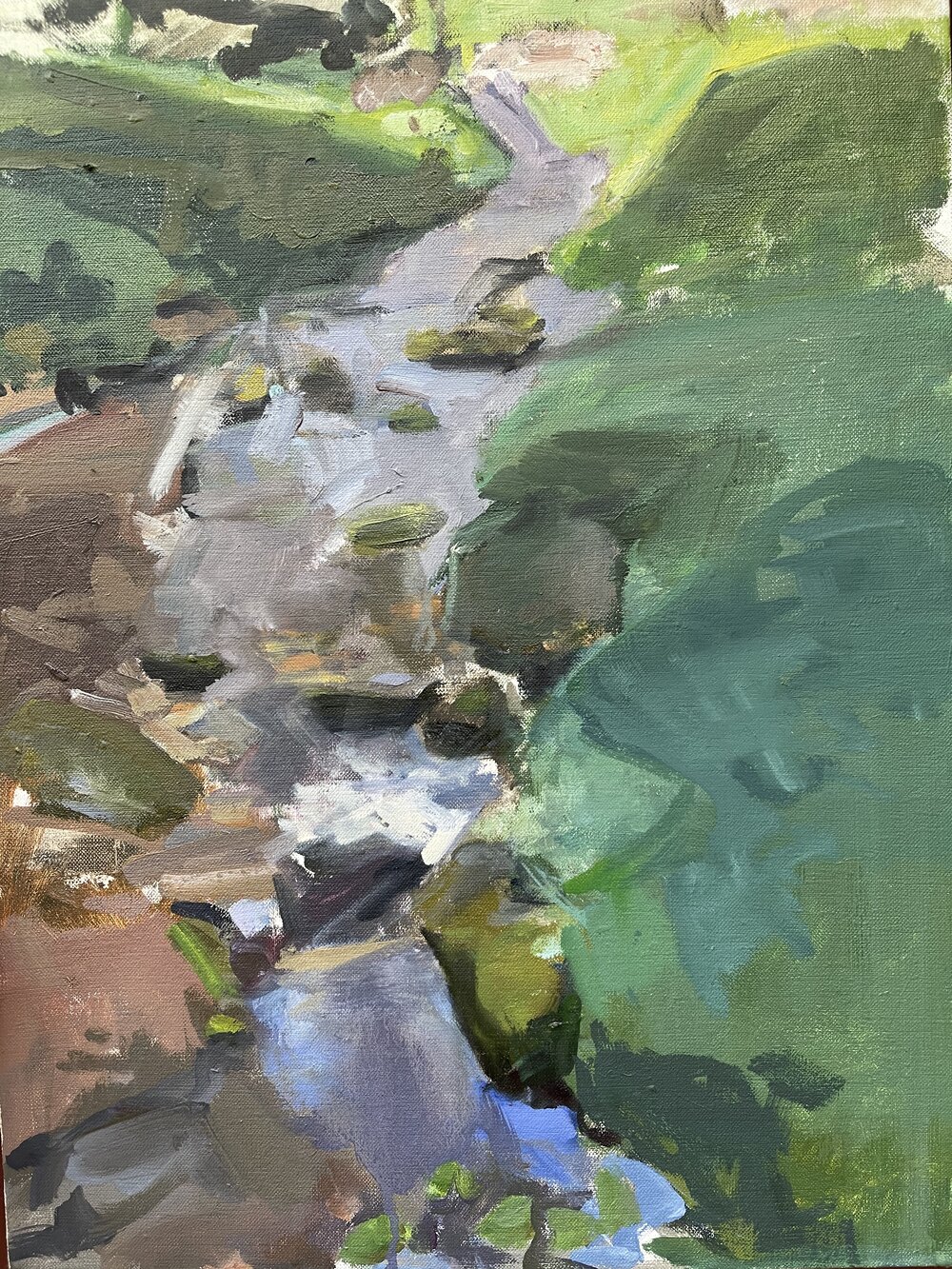 Contemporary painterly study of a stream running through green banks, bright green foliage at top