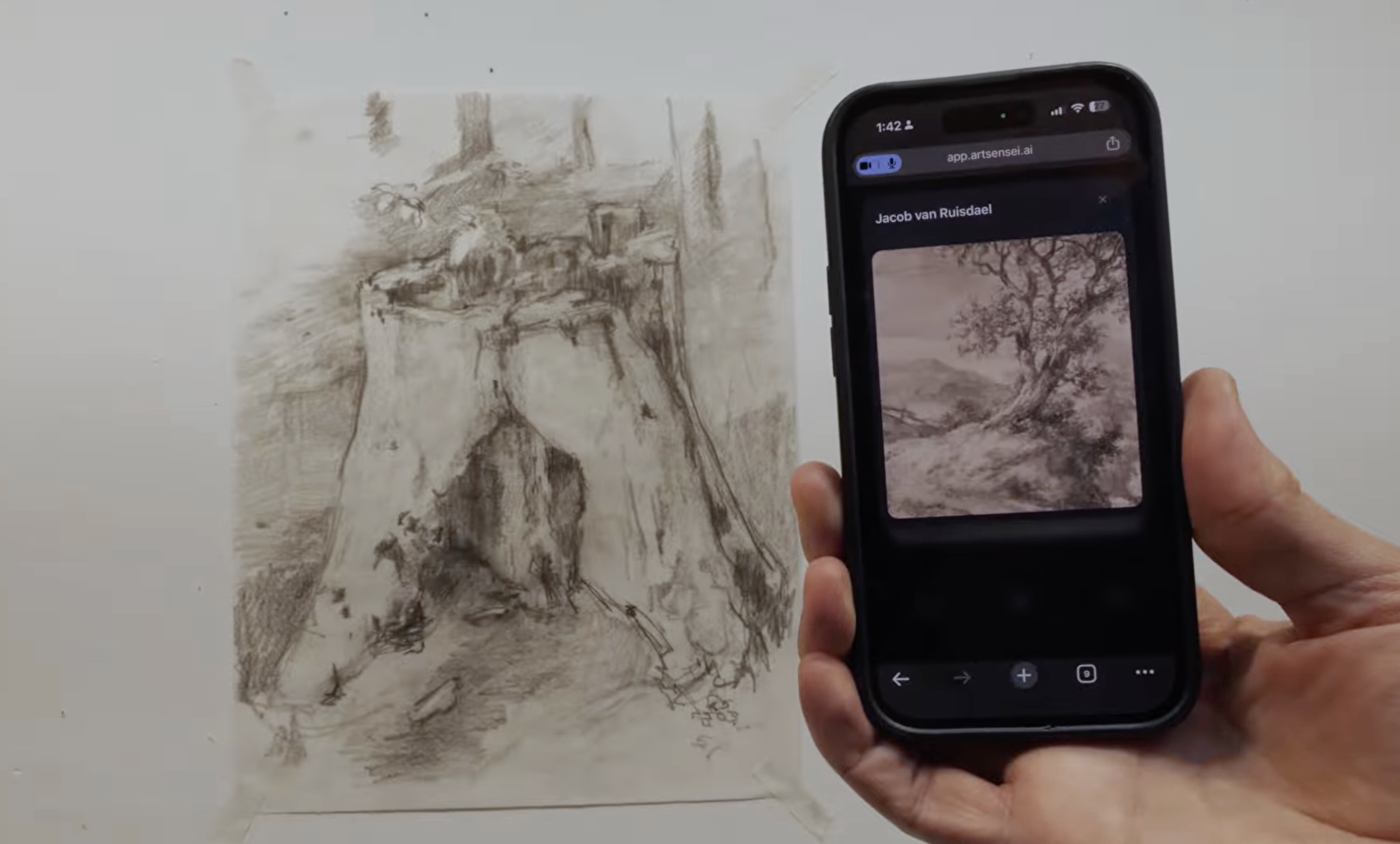 ArtSensei showing a Jacob van Ruisdael reference beside the artist's drawing