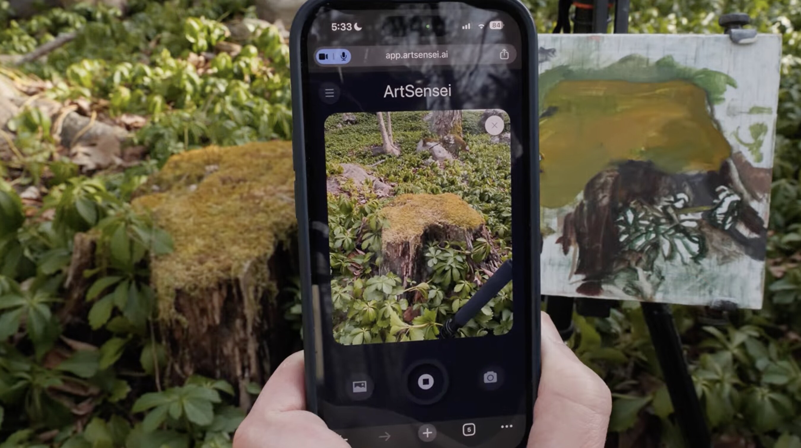 An artist using ArtSensei to look at the colors in a woodland scene