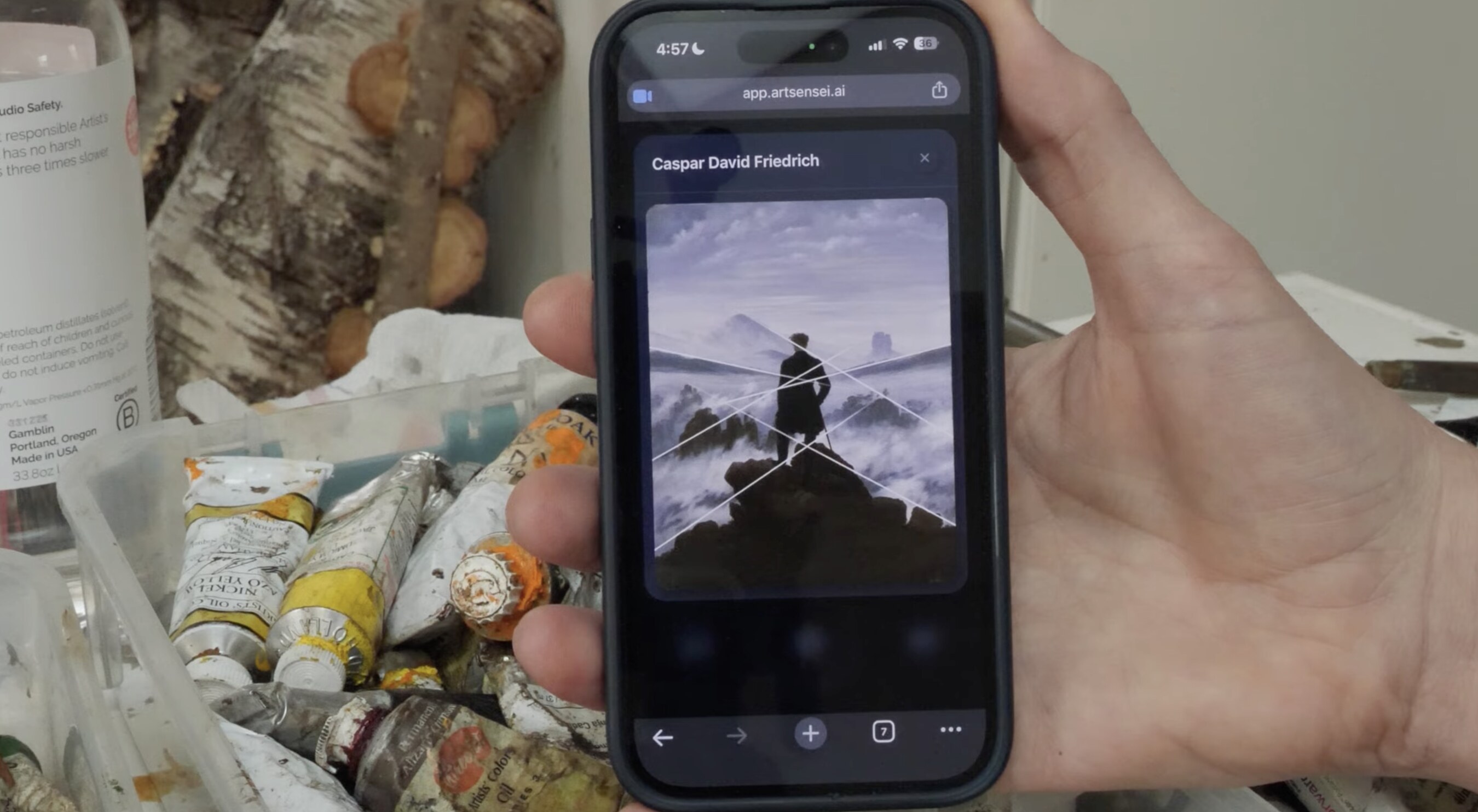 ArtSensei showing a Caspar David Friedrich reference with composition lines beside an artist's work