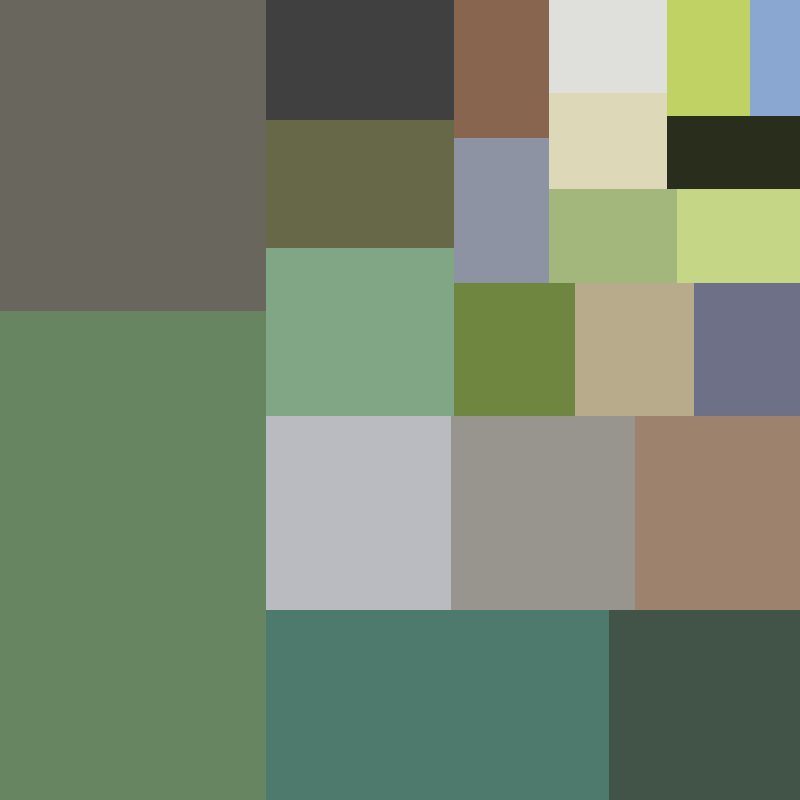 Proportional palette of the stream study: greens dominant, cool grays for the water, warm earth, and bright green accents